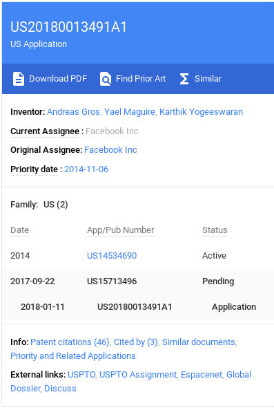 Patent application for US20180013491A1 filed by Facebook Inc, detailing innovations by Andreas Gros, Yael Maguire, and Karthik Yogeeswaran